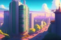 beautiful city skyline view of West Hollywood still in the style of Studio Ghibli, anime showing house flying through a city.