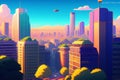 beautiful city skyline view of West Hollywood still in the style of Studio Ghibli, anime showing house flying through a city.