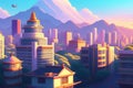 beautiful city skyline view of West Hollywood still in the style of Studio Ghibli, anime showing house flying through a city.