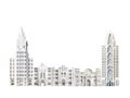 Beautiful city with skyscrapers and historical buildings front view panorama paper cut design.