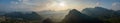 Beautiful City of Vang Vieng aerial Panorama Limestone Mountains at Sunset