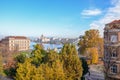 Beautiful cityscape of Budapest, Hungary with Szechenyi Chain Bridge over the Danube River and Hungarian Parliament Building in Royalty Free Stock Photo