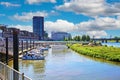 Beautiful cityscape of dutch riverside town, moden architecture buildungs, inland yacht harbour, river Maas - Venlo, Netherlands