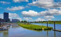 Beautiful cityscape of dutch riverside town, moden architecture buildungs, inland yacht harbour, river Maas - Venlo, Netherlands Royalty Free Stock Photo