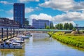 Beautiful cityscape of dutch riverside town, moden architecture buildungs, inland yacht harbour, river Maas - Venlo, Netherlands