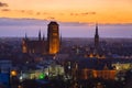 Beautiful cityscape of Gdansk with St. Mary Basilica and City Hall at dawn, Poland Royalty Free Stock Photo