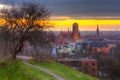 Beautiful cityscape of Gdansk with St. Mary Basilica and City Hall at sunrise, Poland Royalty Free Stock Photo