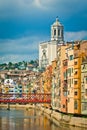 View of the Eiffel bridge over the river Onyar, the Cathedral and buildings of Girona city Royalty Free Stock Photo