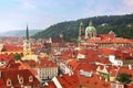 St Nicholas Church dome above red roof tops of Mala Strana, Prague Czech Republic