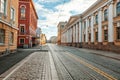 Beautiful cityscape, street in the center of Helsinki, the capital of Finland. Street with paving stones and tram ways. Popular d