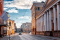 Beautiful cityscape, street in the center of Helsinki, the capital of Finland. Street with paving stones and tram ways. Popular d