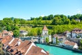 Beautiful cityscape of Swiss capital Bern. Old town located along turquoise Aare River. Historical buildings. Photographed in Royalty Free Stock Photo