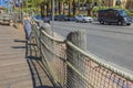 Beautiful cityscape view of Las Vegas Strip with decorative rope fence on grounds of Treasure Island Hotel. Royalty Free Stock Photo