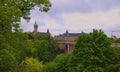 Beautiful cityscape view of Luxembourg city at spring. Bridge over park with green trees. Vintage buildings in the background. Royalty Free Stock Photo