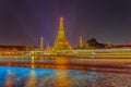 Beautiful cityscape view of Wat Arun Rajwararam temple with light trail from the Chao Phraya river cruises and light shows Royalty Free Stock Photo