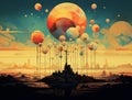 Beautiful cityview in abstract, creative style. Lollipops, bubbles, balls in the front.