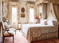 Beautiful classic cottage style bedroom interior with floral pattern on fabric and textile decor, home decor and