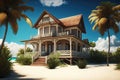 Beautiful classic house on the beach, illustration generated by AI