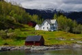 Beautiful, classic white farmhouse next to fjord in Norway