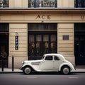 A beautiful classic white French car from the 1930s, exuding elegance, parked on a Parisian street. Generative AI art