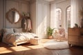 Beautiful classical style sun lit bedroom with pillows, blanket, mirror and large windows. AI Generated