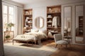 Beautiful classical style sun lit bedroom with pillows, blanket, mirror and large windows. AI Generated