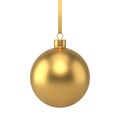 Beautiful clean metallic golden Christmas tree decor ball with shine glare rope hanging on spruce Royalty Free Stock Photo