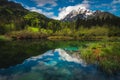 Beautiful clean mountain lake and snowy peaks in Slovenia Royalty Free Stock Photo