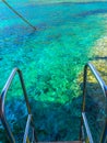 Beautiful clear blue waters of Aegean Sea - edge of the rail steps on the ship