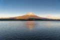 Beautiful clear sky Sunset at Tanuki Lake (Tanukiko) and Fuji mountain. Japan Royalty Free Stock Photo