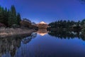 Beautiful clear sky Sunset at Tanuki Lake (Tanukiko). Fuji mountain reflections, first snow in autumn season. Japan Royalty Free Stock Photo