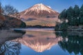 Sunset Fuji mountain reflections at Tanuki Lake (Tanukiko). Shizuoka prefecture, Japan