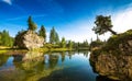 Beautiful clear water lake in the early morning in the Dolomites