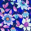 Beautiful clematis flowers on climbing twigs against ultramarine background. Seamless floral pattern. Watercolor painting. Royalty Free Stock Photo