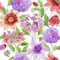 Beautiful clematis and hydrangea flowers with green leaves against white background. Seamless floral pattern. Watercolor painting. Royalty Free Stock Photo