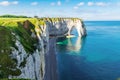 Beautiful cliffs Aval of Etretat, rocks and natural arch landmark of famous coastline, sea landscape, Normandy, France, Europe
