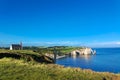 Beautiful cliffs Aval of Etretat, rocks and natural arch landmark of famous coastline, sea landscape, Normandy, France, Europe