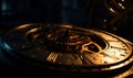 Beautiful clockwork of the antique old-fashioned clock. Metal details in the dim light close up. Black backdrop. Generative AI Royalty Free Stock Photo