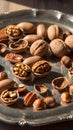 Sunlit Harvest: Mixed Nuts on a Vintage Silver Tray Royalty Free Stock Photo