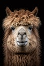 beautiful close-up portrait of a cool looking furry fawn alpaca on black background - generative AI