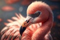 beautiful close-up portrait of an orange pink flamingo looking at camera, outside in the sunshine - generative AI