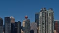 Beautiful close-up view of the modern skyline of Calgary downtown in Alberta, Canada on sunny day in autumn. Royalty Free Stock Photo