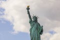 Beautiful close up view Statue of liberty on white clouds background. New York,