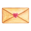 Beautiful closed envelope sealed with a heart. Watercolor illustration. Message for valentine& x27;s dayabout love