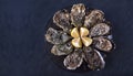 Beautiful closed oysters with lemon on black plate on dark grey background.