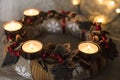 Beautiful closeup of Advent wreath made from natural materials and ceramic decors Royalty Free Stock Photo