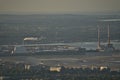 Beautiful closeup aerial view of Dublin Waste to Energy Covanta Plant, Poolbeg CCGT chimneys seen from Ticknock, Dublin, Ireland