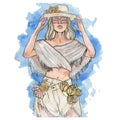 Beautiful closeup of colorful fashion girl on white background. Summer watercolor illustration
