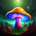 Beautiful Closeup Fantasy Magic Mushroom In Fairy Forest, Fireflies Background