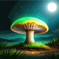 Beautiful Closeup Fantasy Magic Mushroom In Fairy Forest, Fireflies Background
